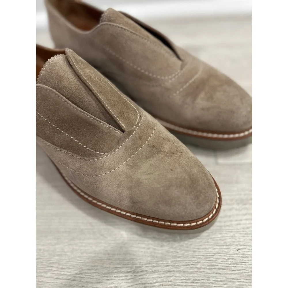 Aquatalia Kaleigh Taupe Suede Slip On Oxford Loafers Shoes Womens 8.5 Leather